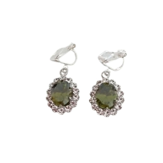 Olive Green Diamante Surround Clip On Earrings