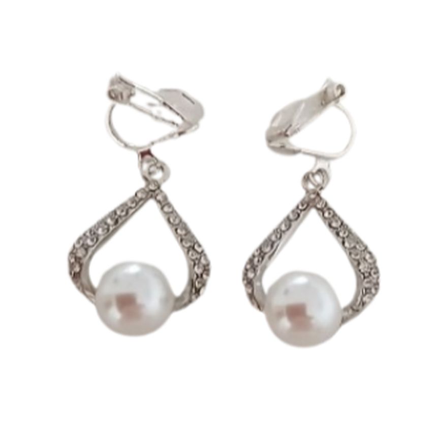 Open Diamante Pearl Drop Clip On Earrings
