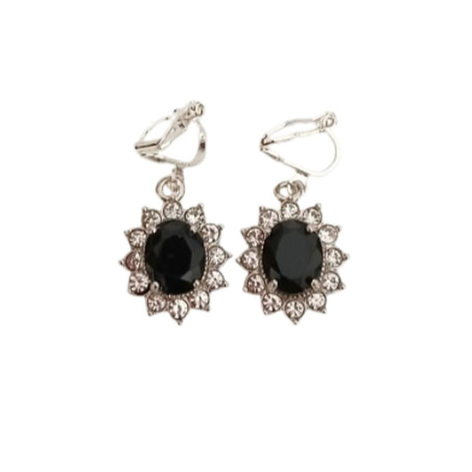 Oval Black Crystal Clip On Earrings