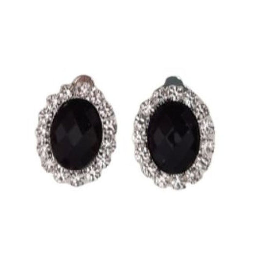 Oval Black Crystal Clip On Earrings