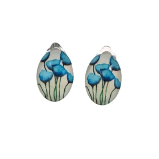 Oval Glass Blue Flower Clip On Earrings
