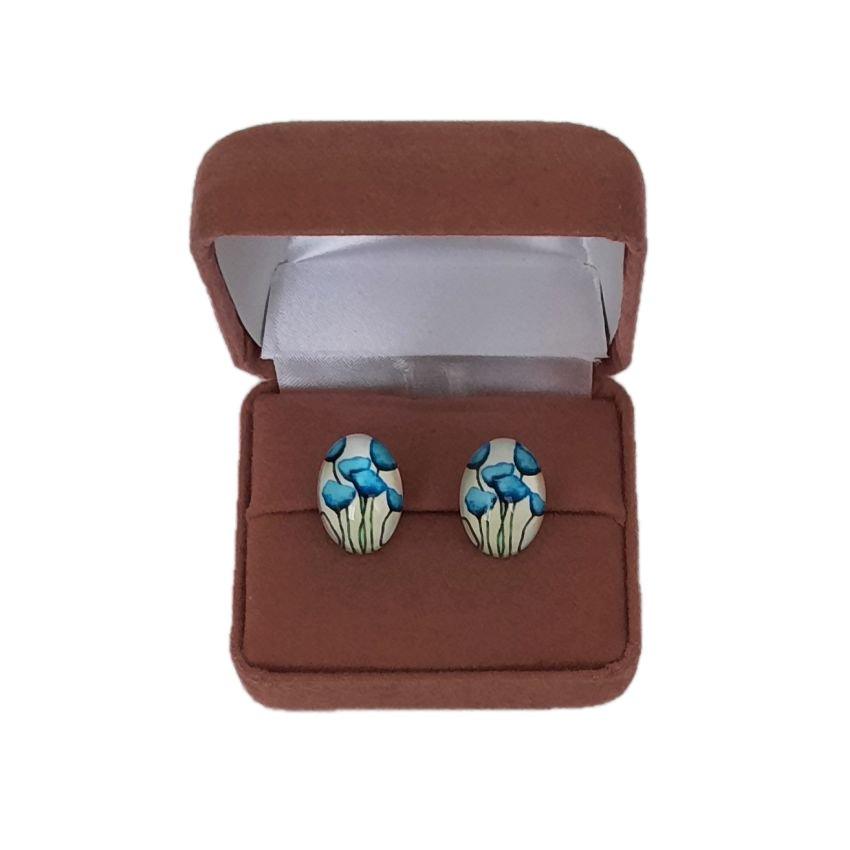 Oval Glass Blue Flower Clip On Earrings(2)