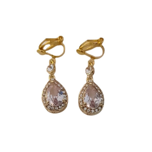 Pear Drop Diamante Edged Clip On Earrings With Diamante Drop