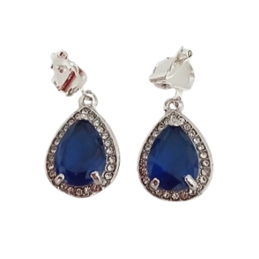 Pear Drop Blue CZ Clip On Earrings