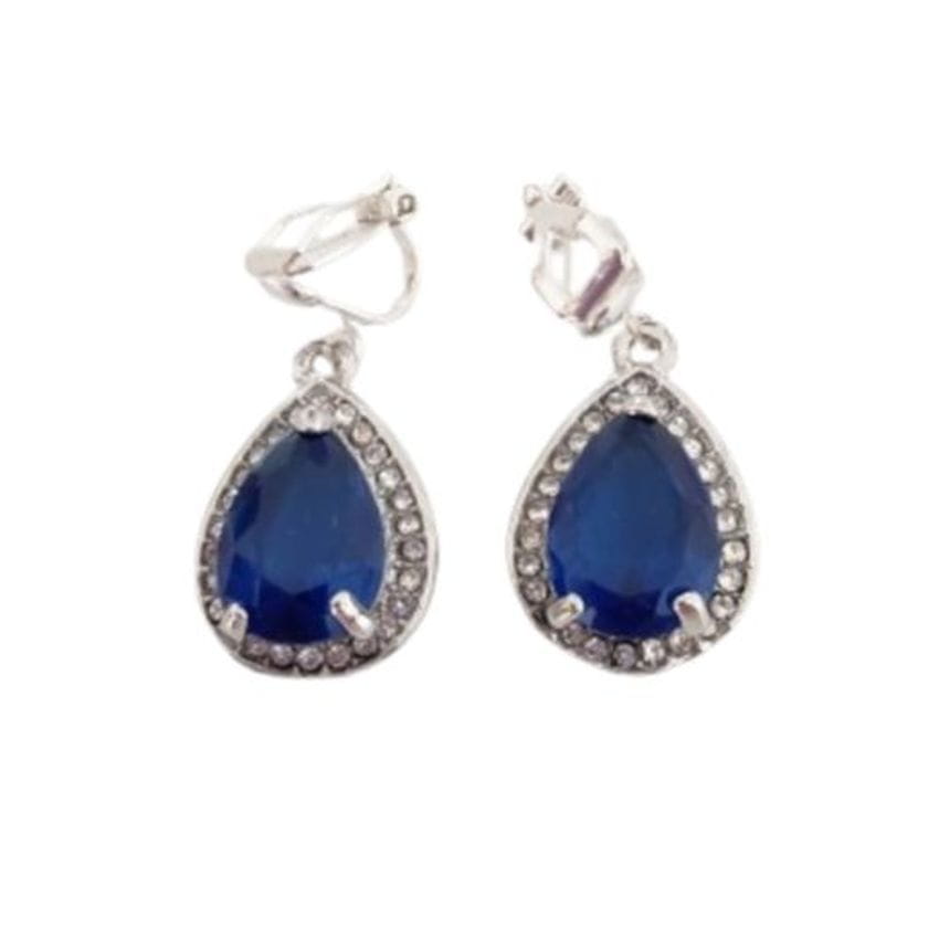 Pear Drop Blue CZ Clip On Earrings