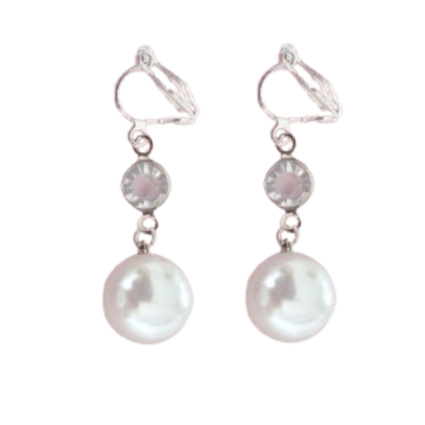 Pearl And CZ Drop Clip On Earrings