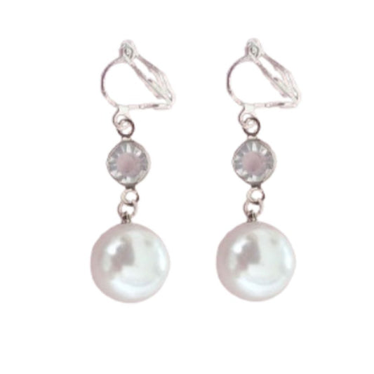 Pearl And CZ Drop Clip On Earrings