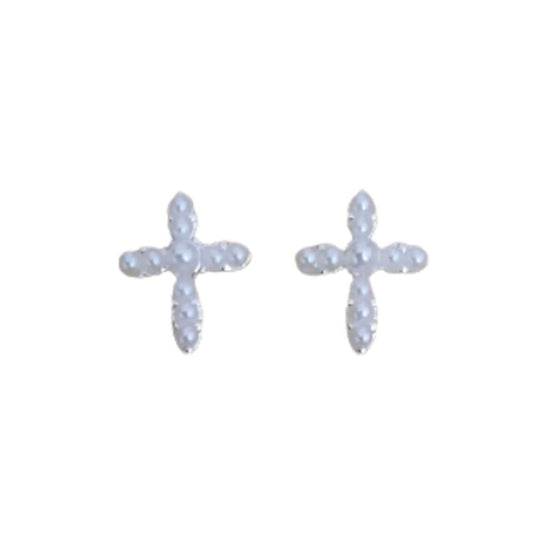 Pearl Bead Cross Communion Clip On Earrings