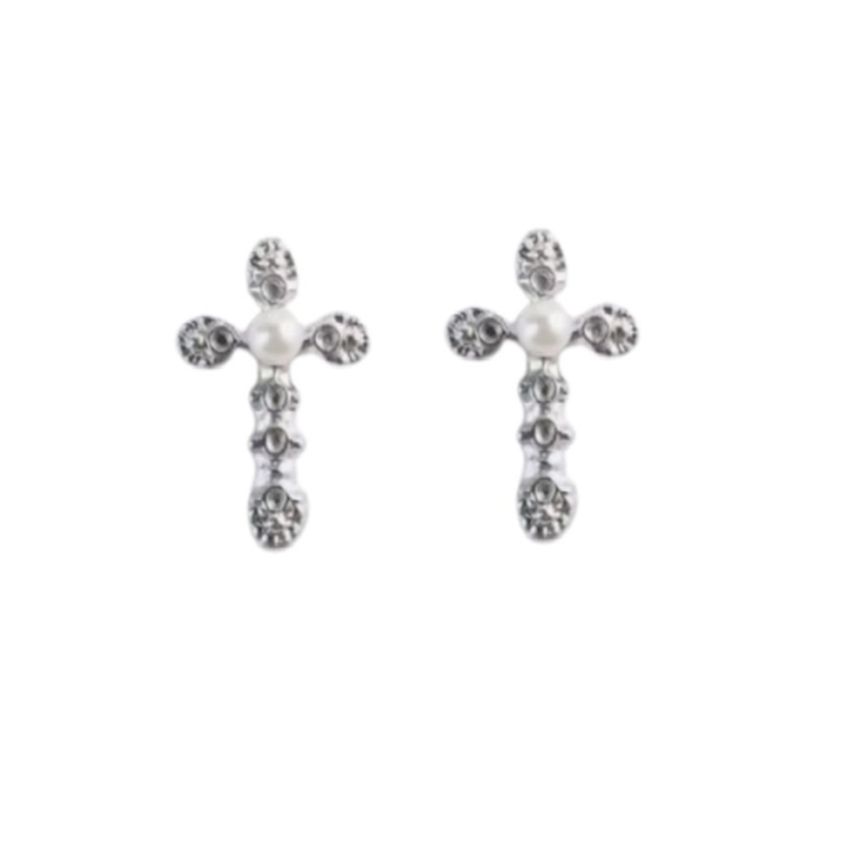 Pearl Centre Cross Communion Clip On Earrings