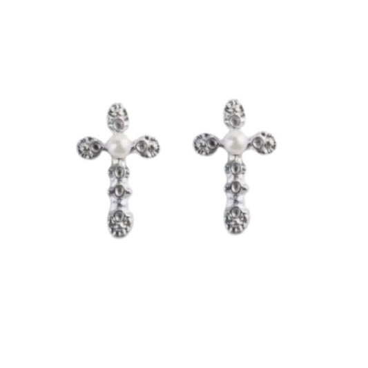 Pearl Centre Cross Communion Clip On Earrings