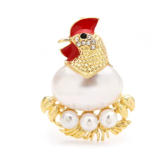 Pearl Chicken And Eggs Brooch