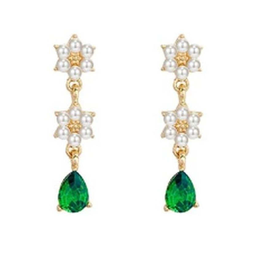 Pearl Flower Green Stone Clip On Earrings
