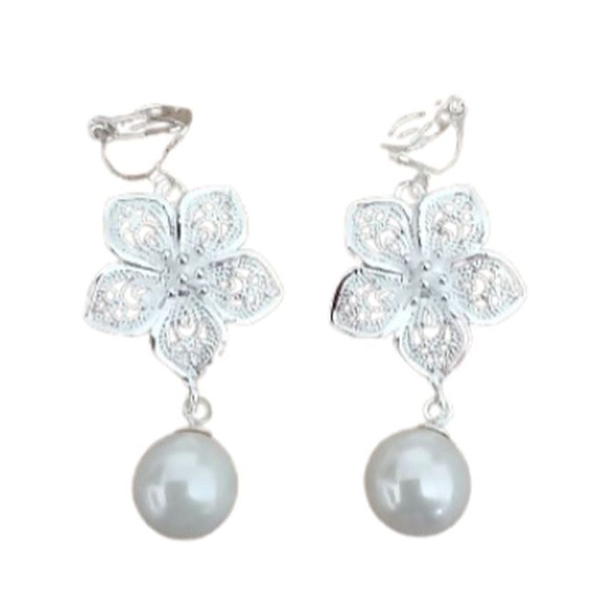 Pearl Flower Silver Clip On Earrings