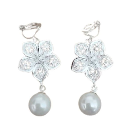 Pearl Flower Silver Clip On Earrings