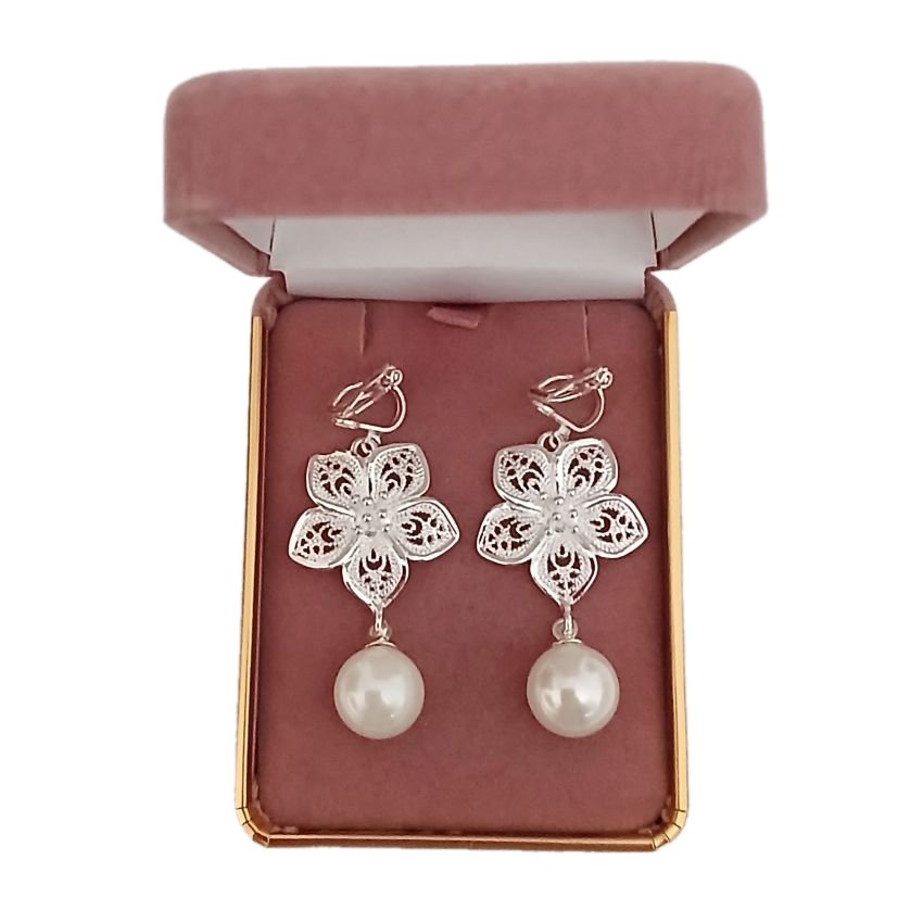 Pearl Flower Silver Clip On Earrings(2)