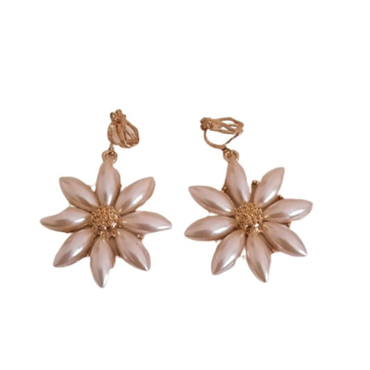Pearl Flower Stem Gold Clip On Earrings