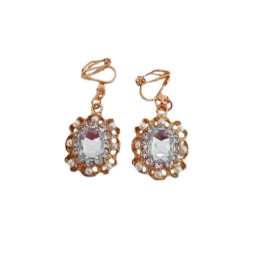 Pearl And Gold Rectangle Clip On Earrings