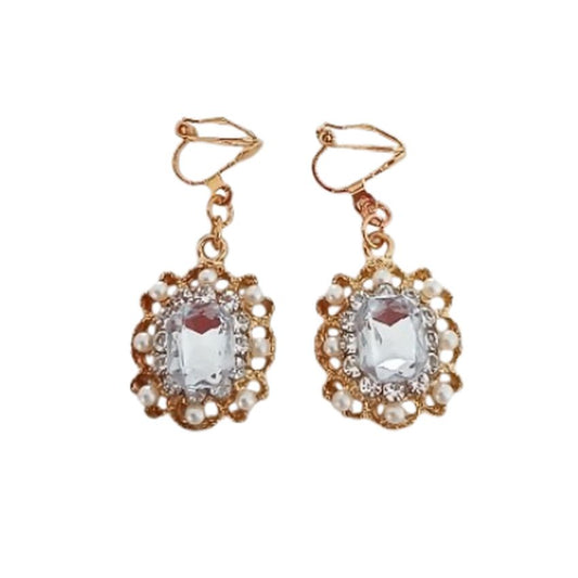 Pearl And Gold Rectangle Clip On Earrings