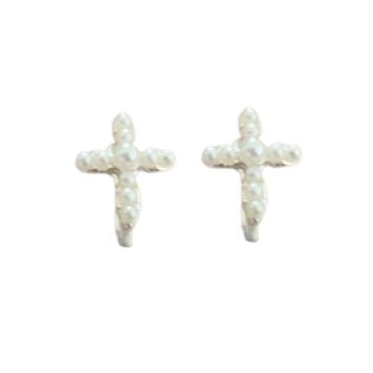 Pearl Bead Cross Communion Clip On Earrings