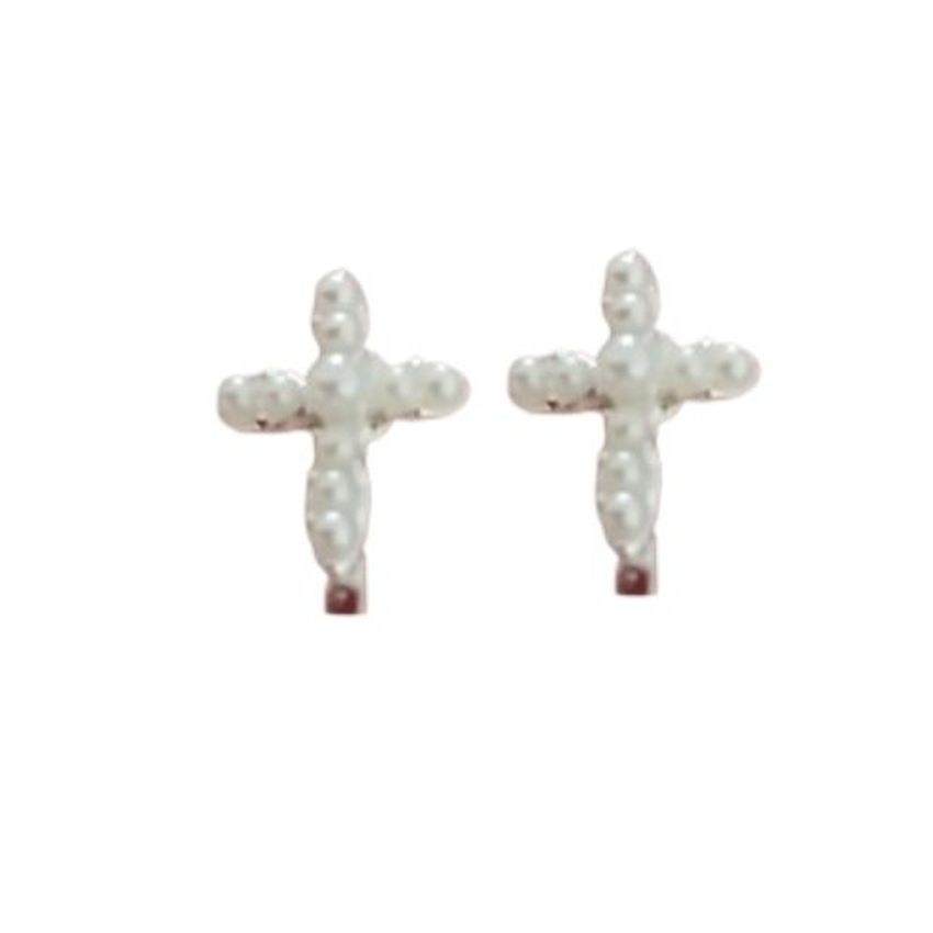 Pearl Bead Cross Communion Clip On Earrings