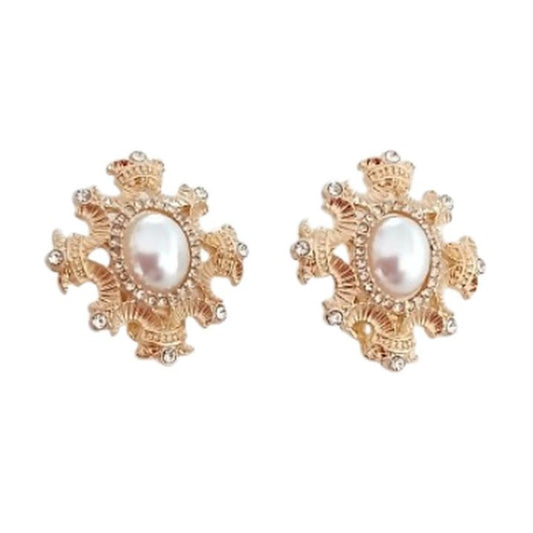 Pearl Centre With Gold And Crystal Edges Clip On Earrings