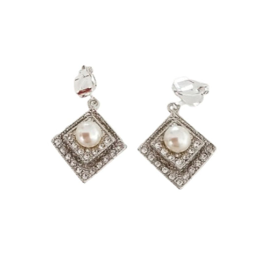 Pearl Diamond Shape Clip On Earrings