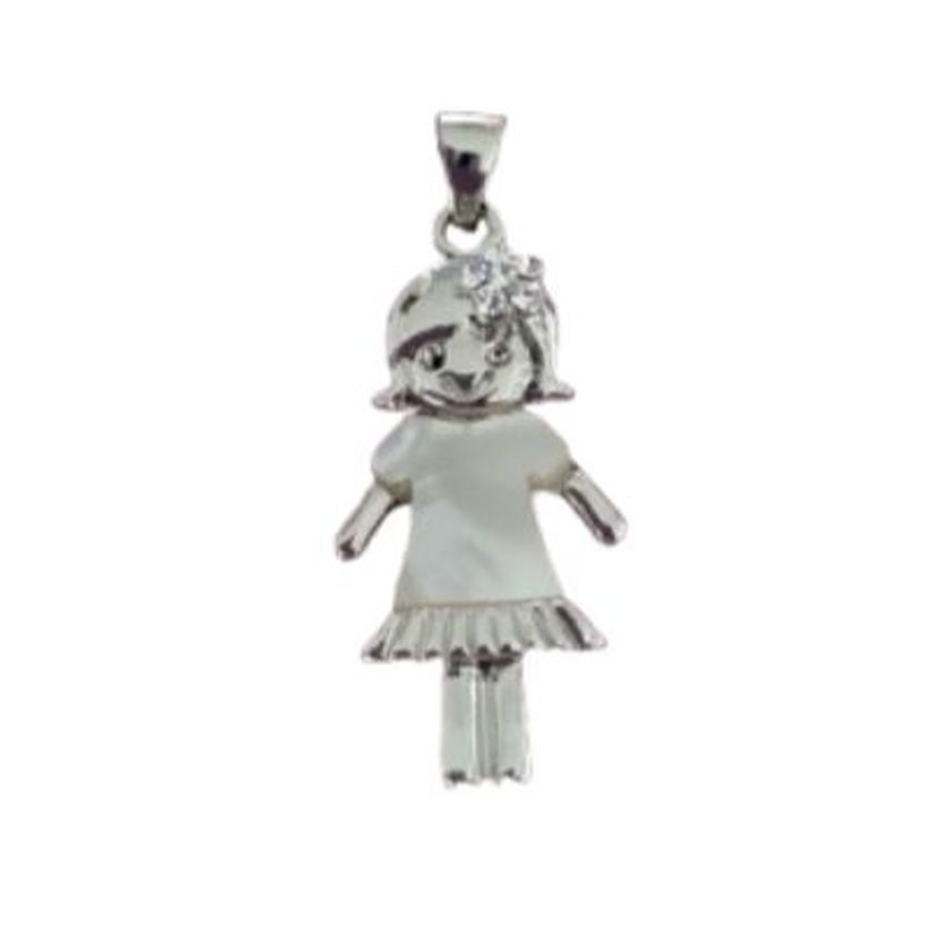 Pearl Enamel Girl Doll Pendant With a Cubic Zirconia Hair Bow