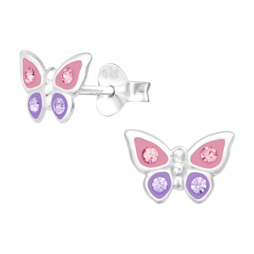 Pink Crystal Butterfly Sterling Silver Earrings