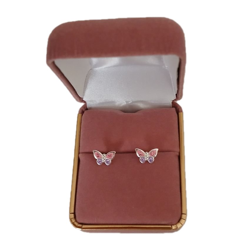 Pink Crystal Butterfly Sterling Silver Earrings(2)