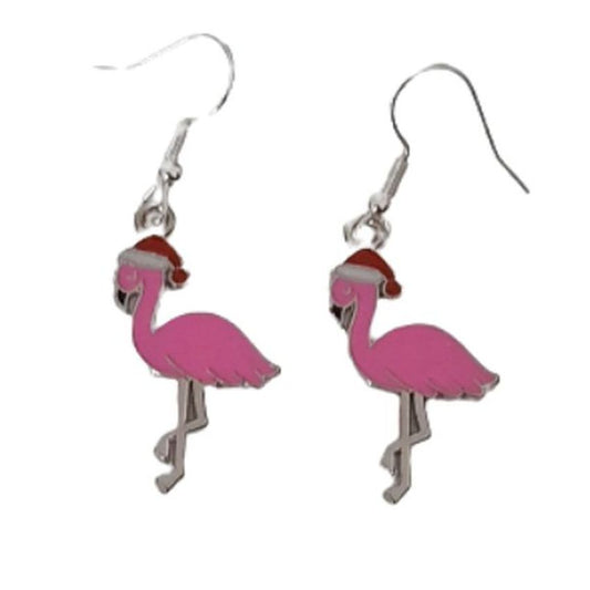 Pink Flamingo Christmas Earrings