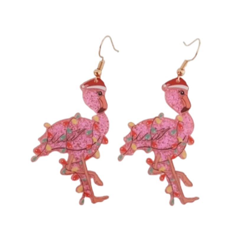 Pink Flamingo Christmas Earrings