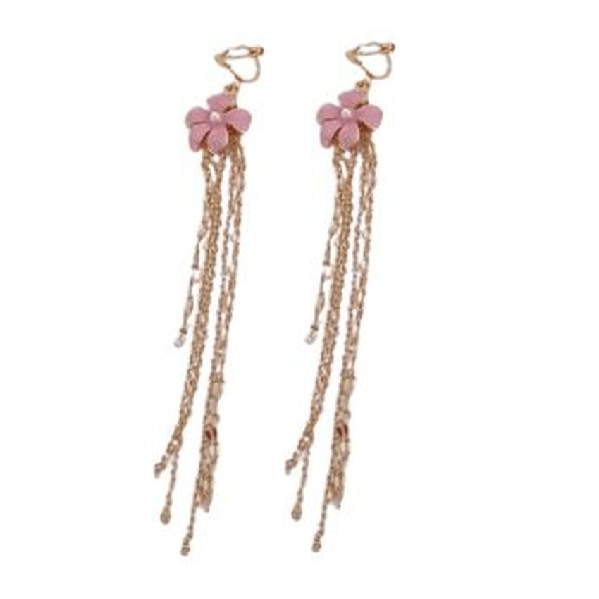 Pink Flower And Chain Ladies Clip Earrings