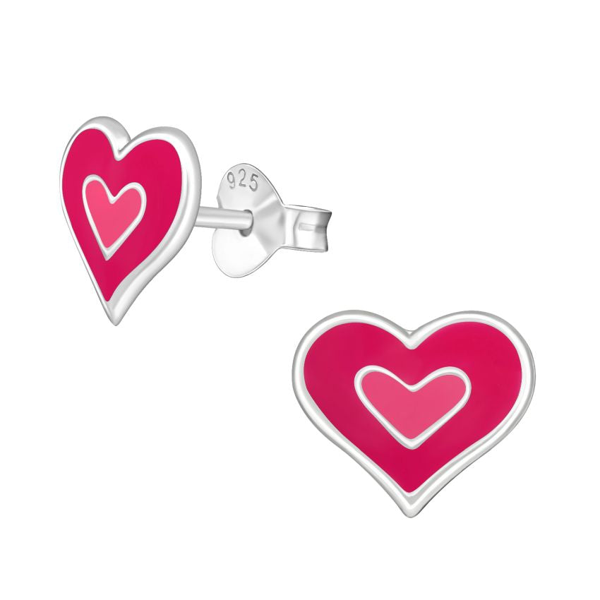 Pink Sterling Silver Double Heart Childrens Earrings