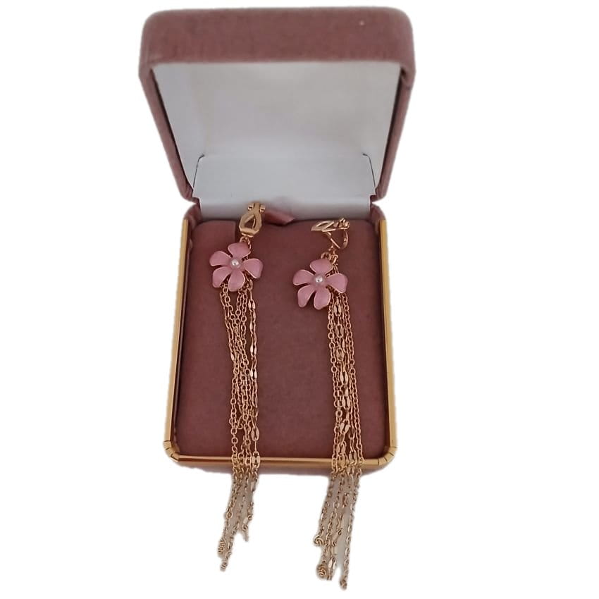Pink Flower And Chain Ladies Clip Earrings(2)