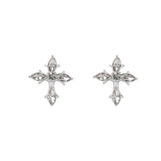 Pretty Crystal Cross Communion Clip On Earrings