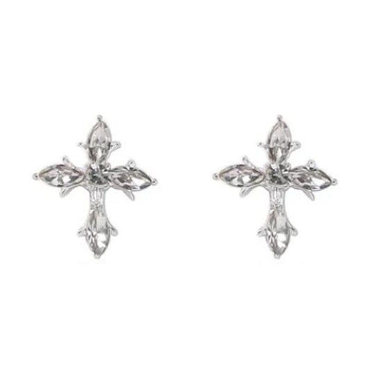 Pretty Crystal Cross Communion Clip On Earrings
