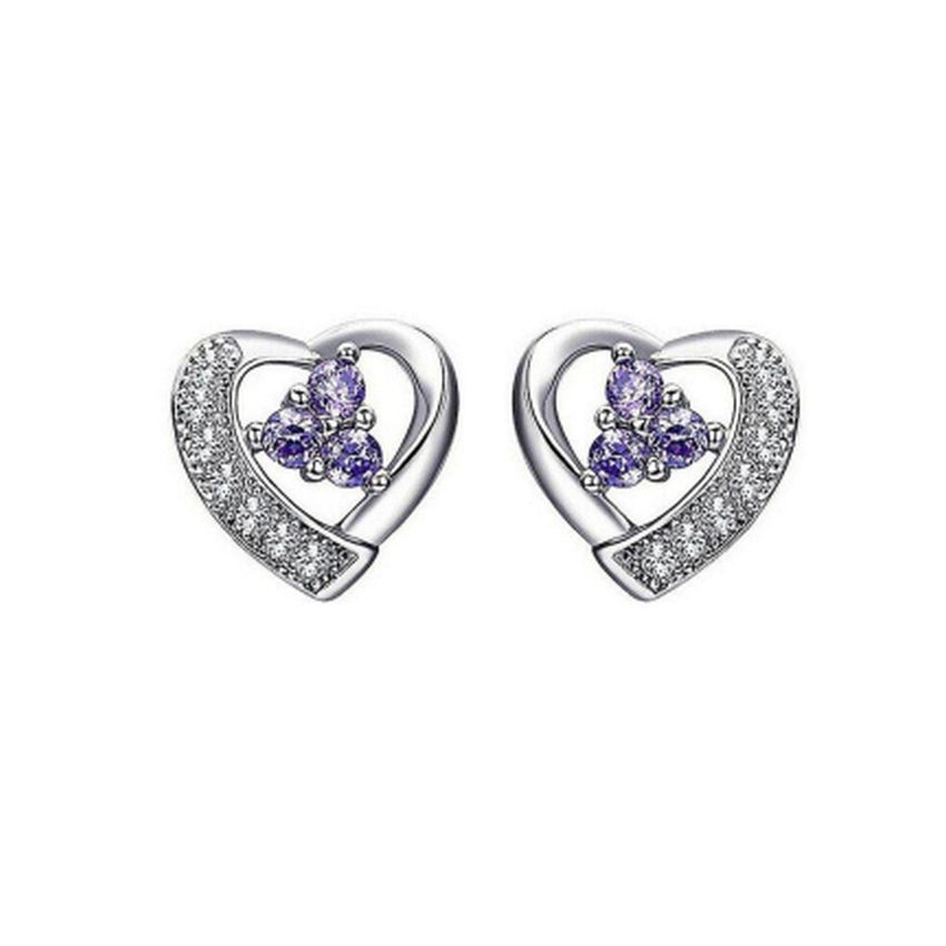 Purple Centred CZ Stone Silver Heart Earrings