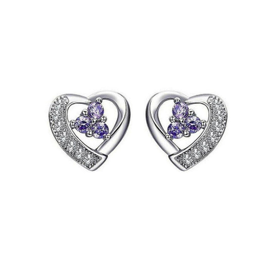 Purple Centred CZ Stone Silver Heart Earrings