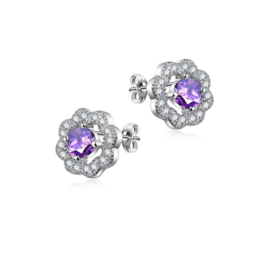 Purple Cubic Zirconia Centre Flower Design Earrings