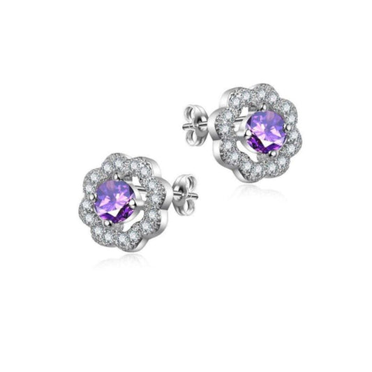 Purple Cubic Zirconia Centre Flower Design Earrings