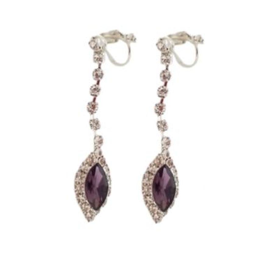 Purple Crystal Drop With White Stem Clip On Earrings