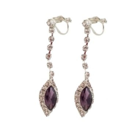 Purple Crystal Drop With White Stem Clip On Earrings