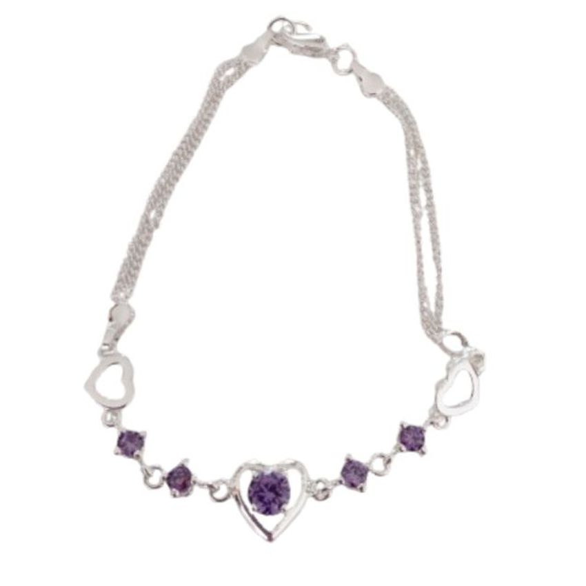 Purple Cubic Zirconia Silver Bracelet With Heart Centre