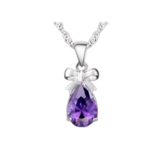 Purple Cubic Zirconia Stone Pendant With a Silver Tied Bow Top