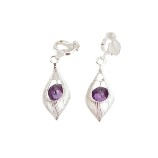 Purple Drop Silver Clip On Earrings