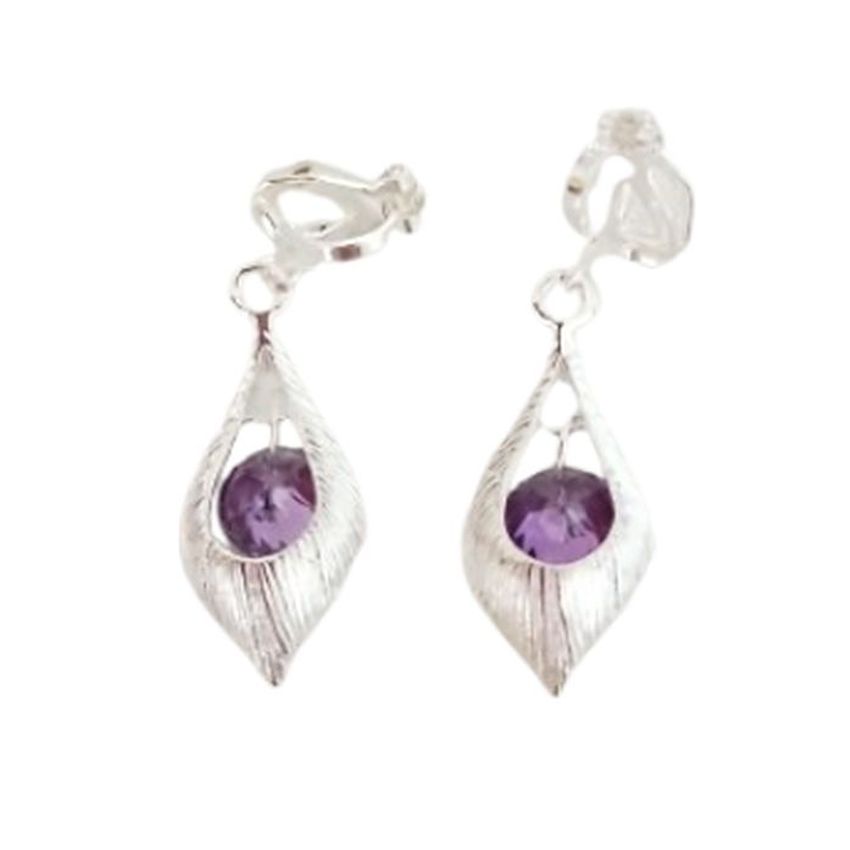 Purple Drop Silver Clip On Earrings