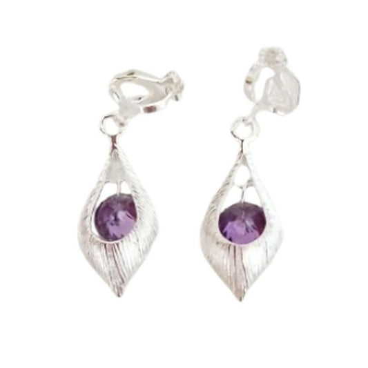Purple Drop Silver Clip On Earrings
