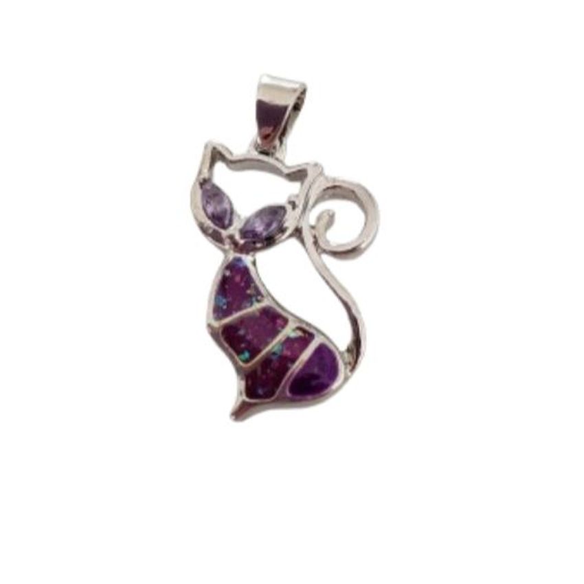 Purple Glitter Silver Cat Pendant
