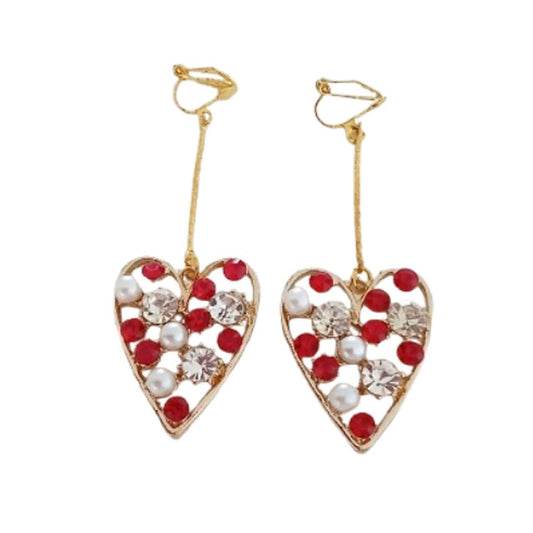 Red Heart Diamante Clip On Earrings