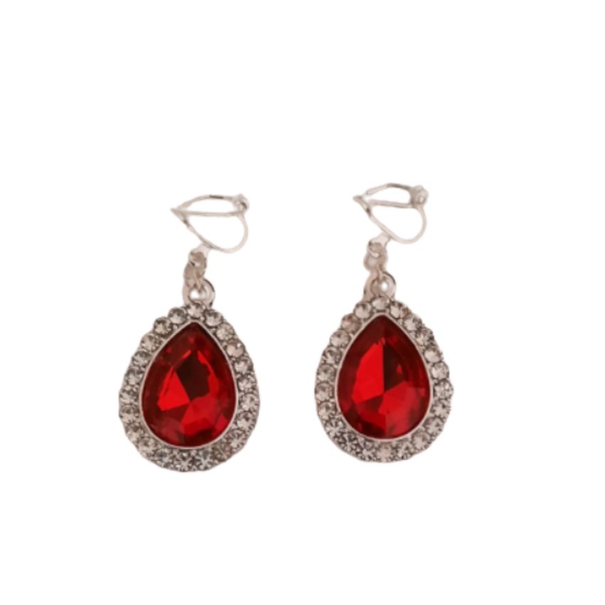 Red Oval Crystal Diamante Clip On Earrings